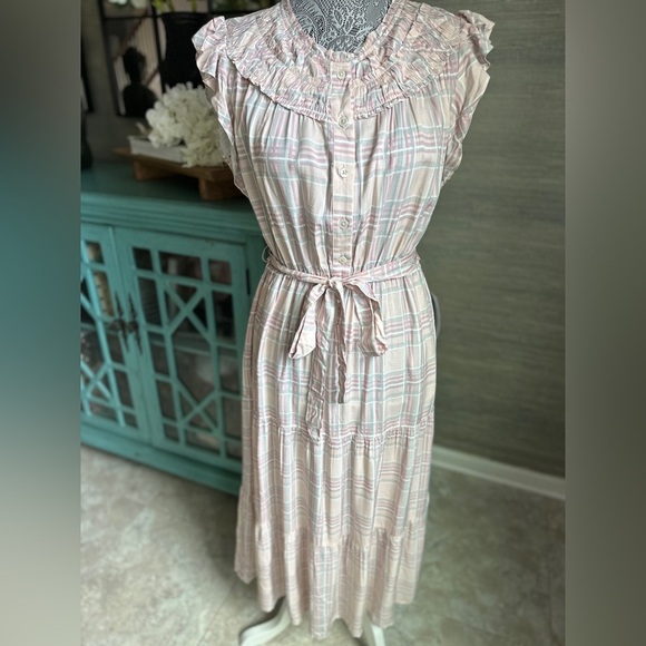 Adelyn Rae Pink Plaid Ruffle Midi Dress Sleeveless Tiered, Size Small - Picture 3 of 13